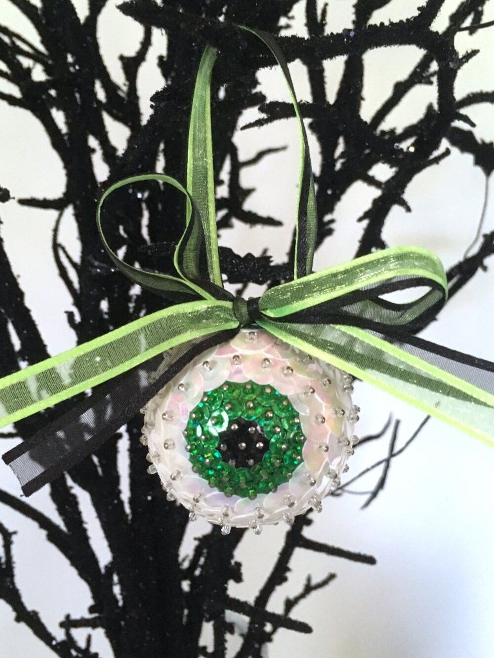 Christmas Eyeball Ornament Glam Sparkle Sequin Beaded Halloween OOAK Green